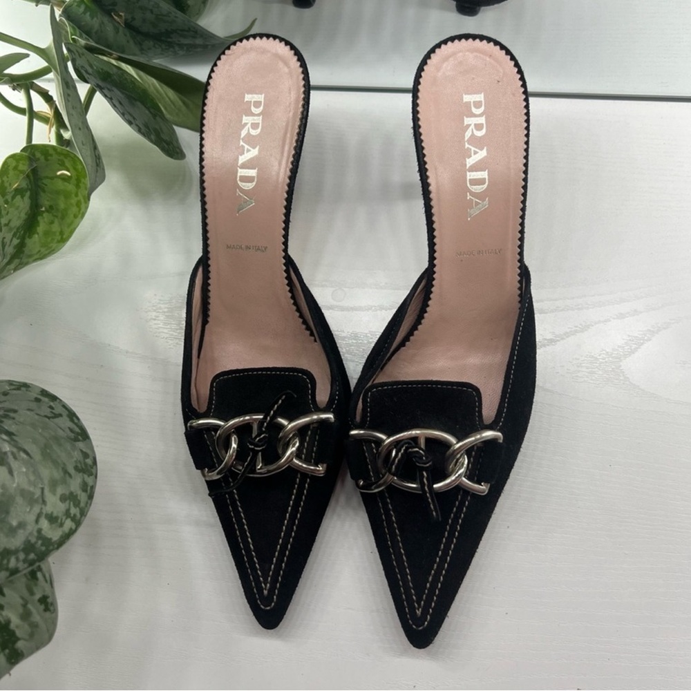Prada Women's Black Mules with Silver Chain Detail